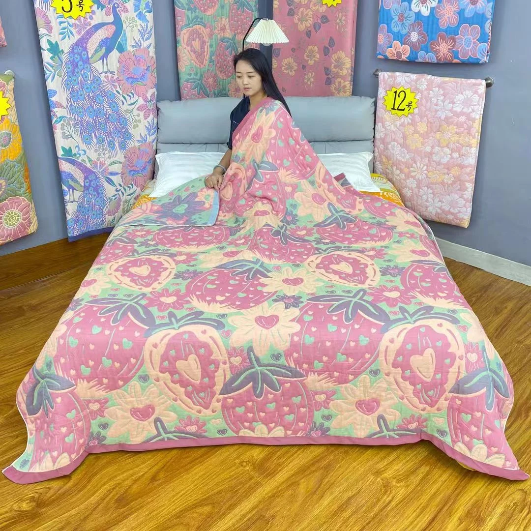 草莓200*230纯棉盖毯多功能柔软精梳透气成人细纱休闲毯加厚加大