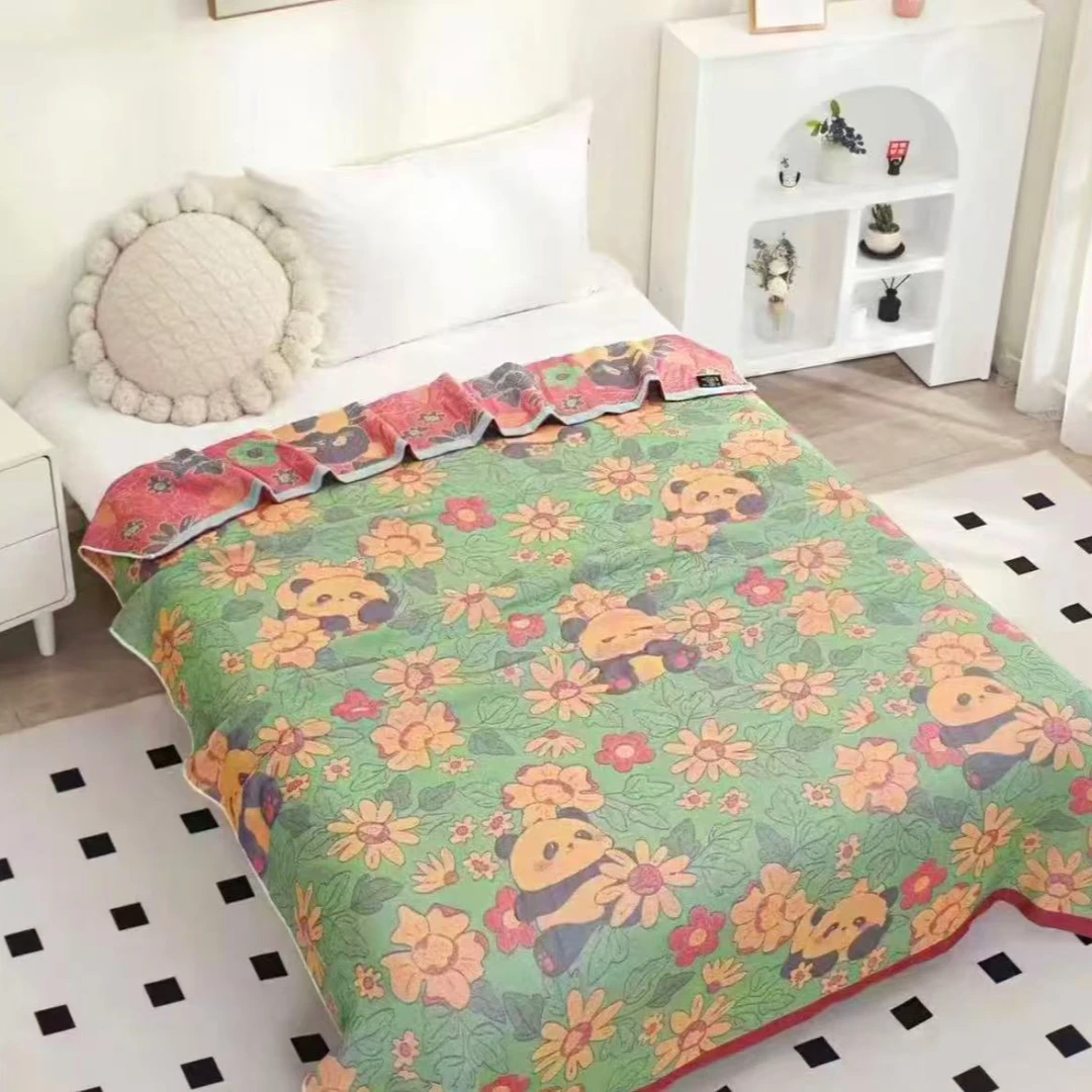 绿色熊猫多功能200X150毛巾被纯棉纱布盖毯床上用品加厚纱布被