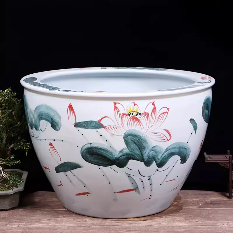 《平口水墨荷花73*53cm》景德镇陶瓷鱼缸摆件庭院景观新中式古典