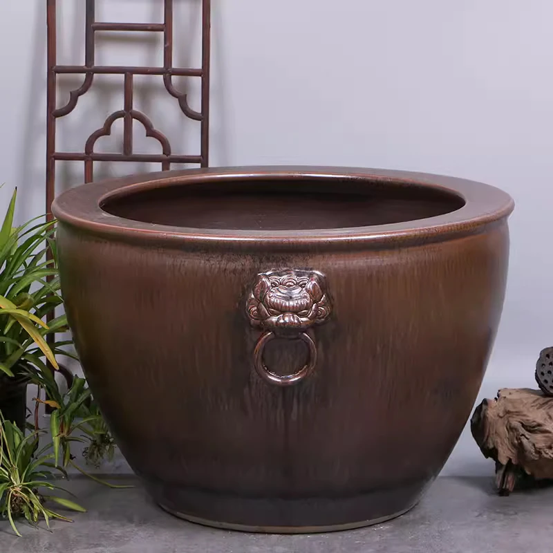 《40*25cm古铜狮耳》景德镇陶瓷缸养鱼养荷手工手绘雕刻桌面摆件