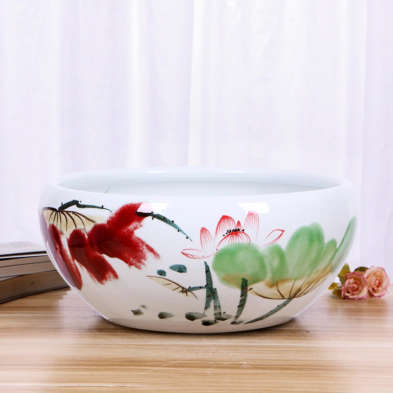 《郎红秋韵23*13cm》景德镇陶瓷缸鱼盆摆件种树铜钱草养龟 无底座