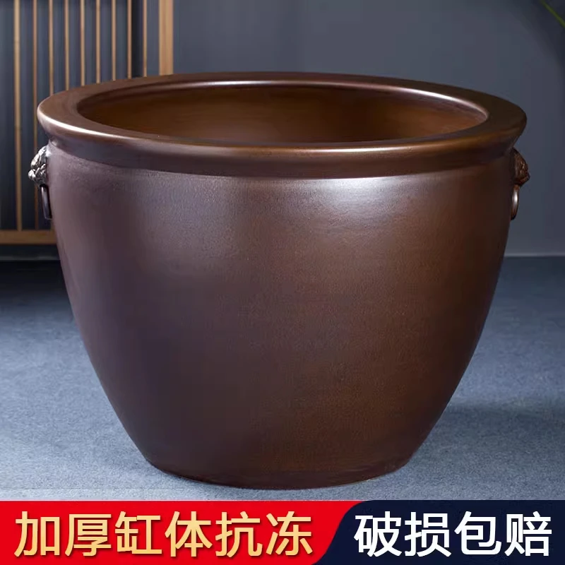 《80*60平口古铜狮耳》景德镇陶瓷缸摆件庭院景观种树养鱼乌龟睡莲