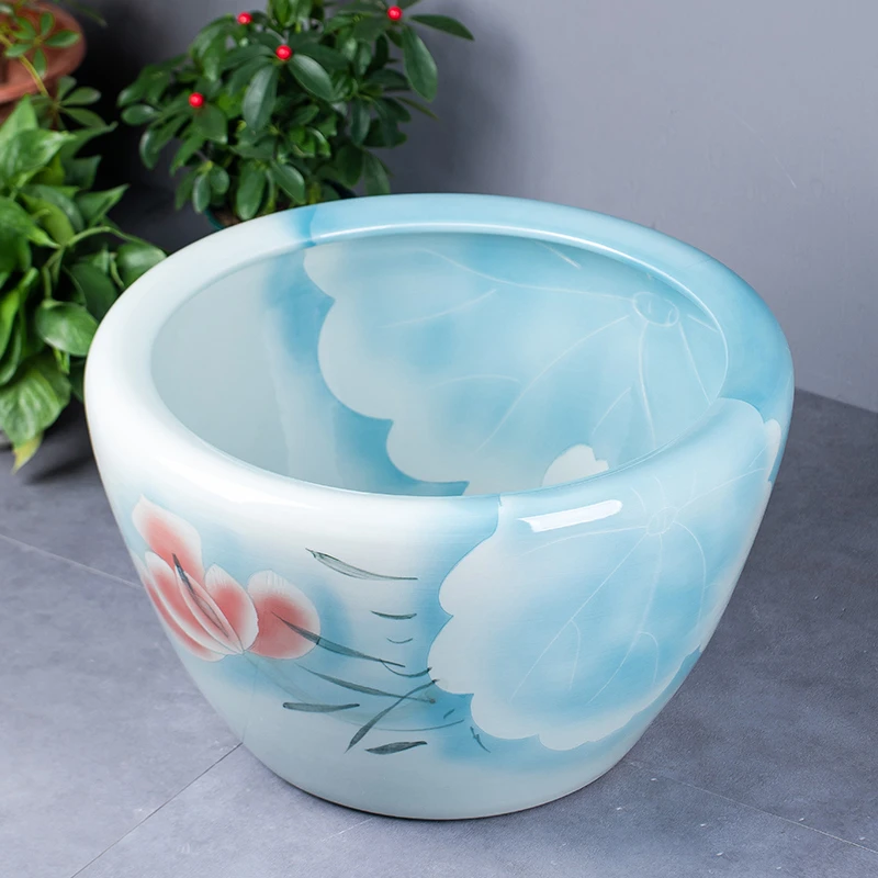 《浅蓝红荷缸70*53cm》景德镇陶瓷缸养乌龟荷花睡莲碗莲 工艺手绘