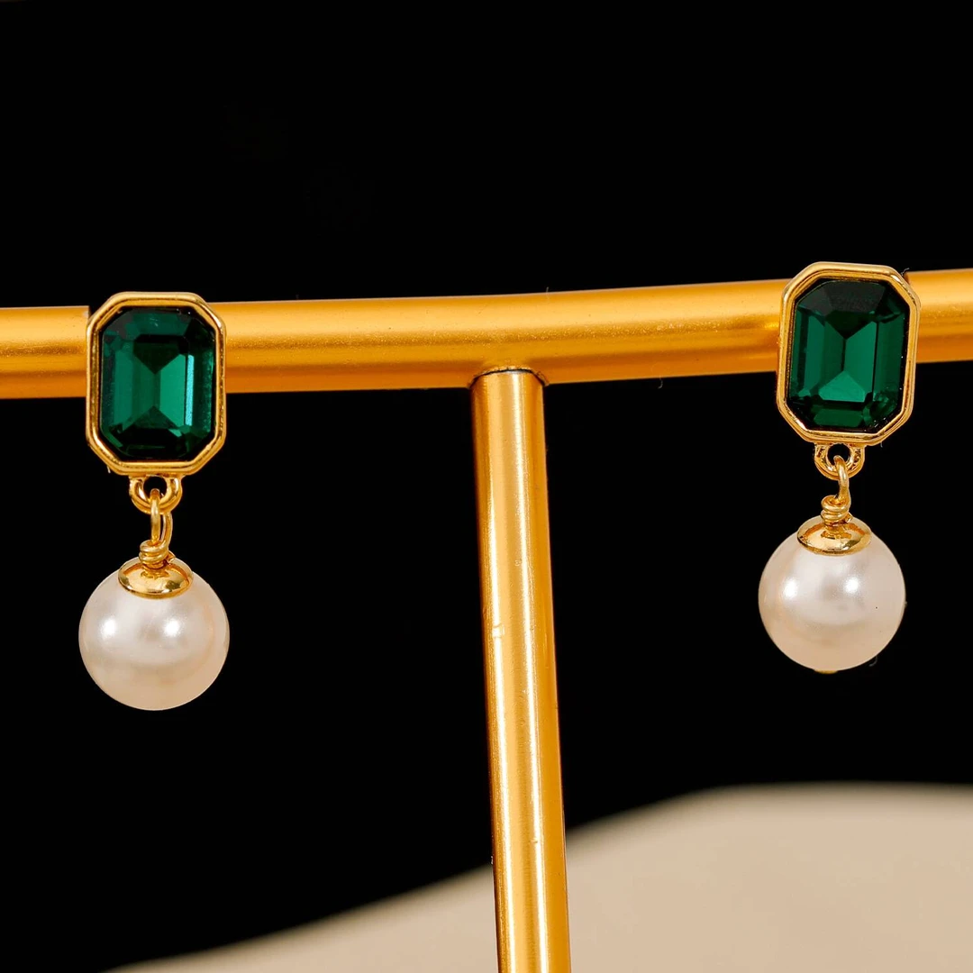 铜合金耳饰 《货号7405》时尚复古绿色宫廷风珠珠吊坠耳饰