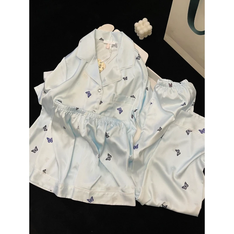 韩版甜美蝴蝶印花冰丝睡衣女2024夏季新款休闲开衫裸感宽松家居服