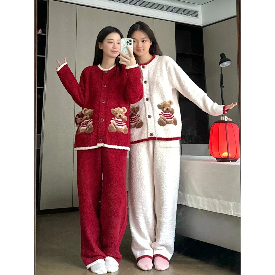 【泰迪熊】韩版网红款甜美针织半边绒睡衣女加厚新款居家套装女