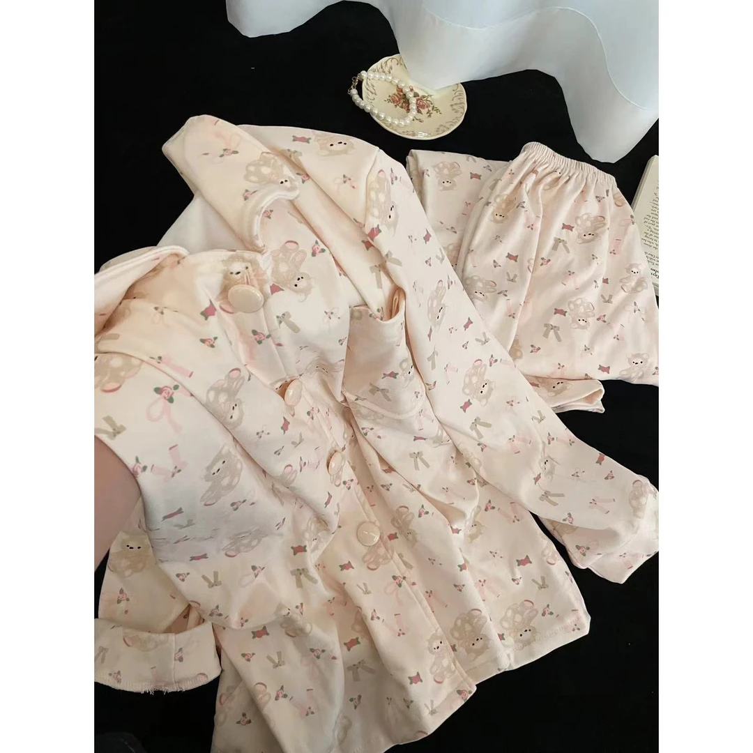 粉嫩系德绒~小熊睡衣女款冬季新款加厚家居服长袖长裤套装海岛绒