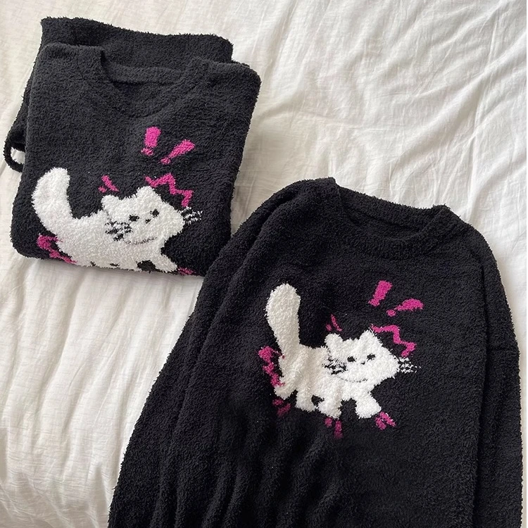 【卡通猫咪】保暖半边绒睡衣女加厚加绒2024新款韩系保暖居家套装冬