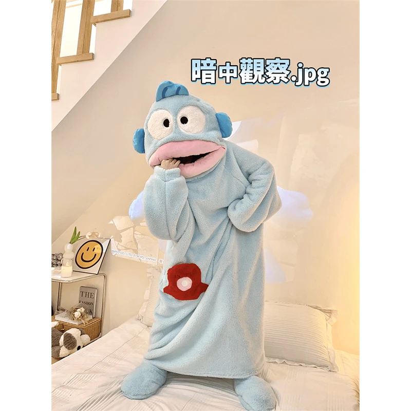 丑鱼汉顿珊瑚绒连体睡衣情侣冬季加厚可爱搞怪趣味连帽睡袍女长款