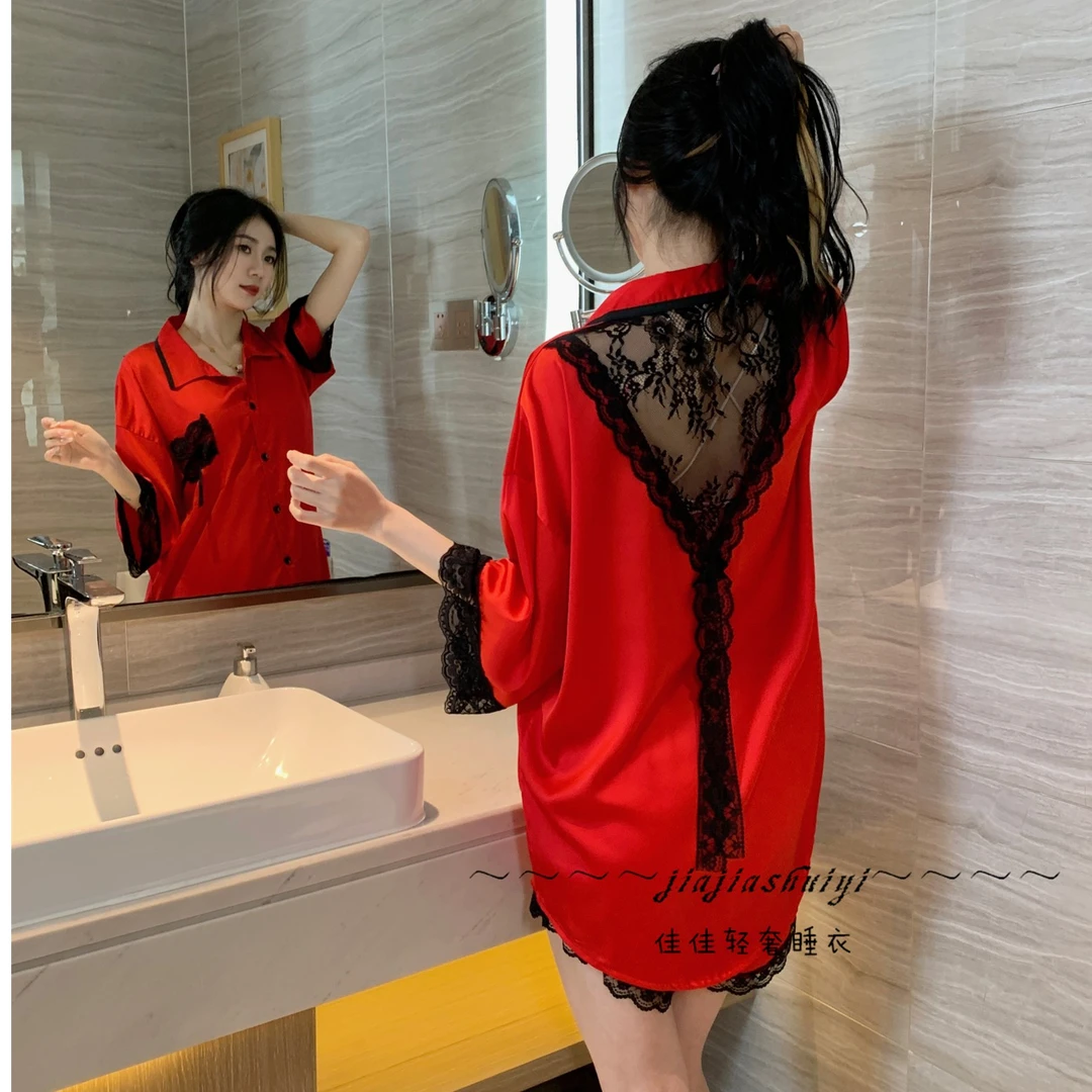 冰雪丝后黑蕾丝红，白，黑色可选家居春夏季轻奢宽松睡衣套装