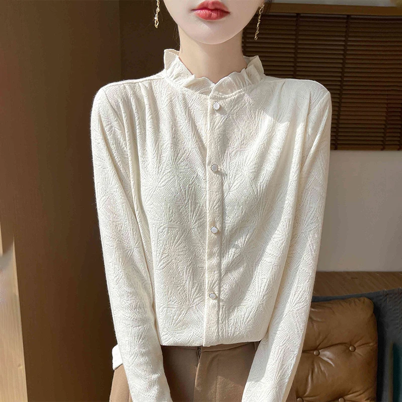 温婉气质~精纺羊毛法式镂空提花木耳边长袖针织打底上衣