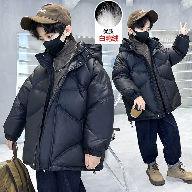 3282中大童亲子款冬季保暖加厚纯色连帽中长面包羽绒服