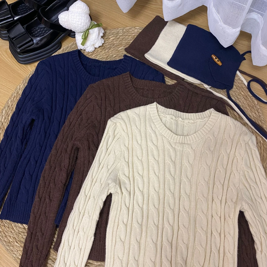 包包＋毛衣 两件套正肩显瘦百搭立体麻花套头毛衣修身显瘦针织上衣