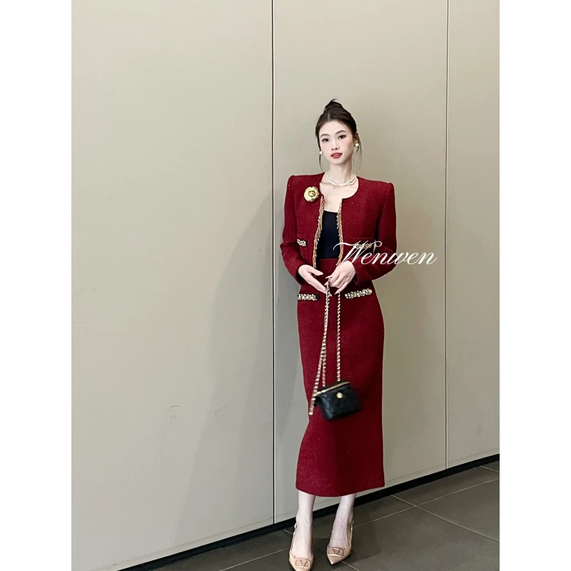 现货 TANS【冬日恋曲】法式高级小香风外套半身裙套装绵羊毛两件套