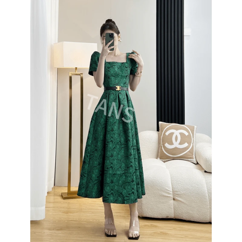 现货 TANS【夏季新品】复古轻奢绿色碎花显瘦气质方领时尚a型连衣裙