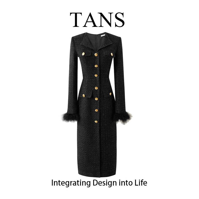 现货 TANS【秋季新品】法式黑色小香风连衣裙轻奢设计感气质短裙