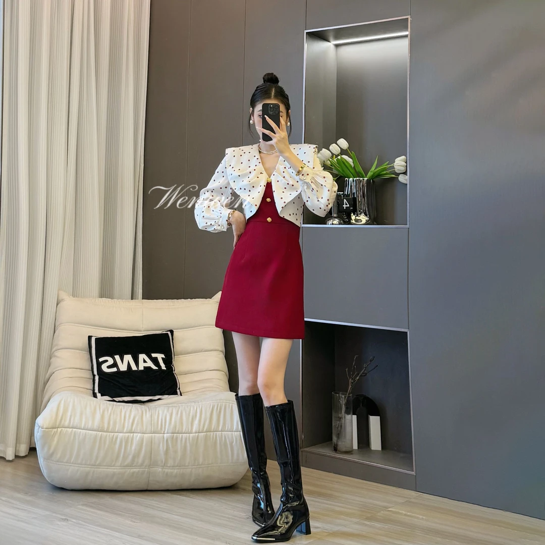 现货 TANS【早秋新品】法式拼色连衣裙秋季小众设计感气质短裙