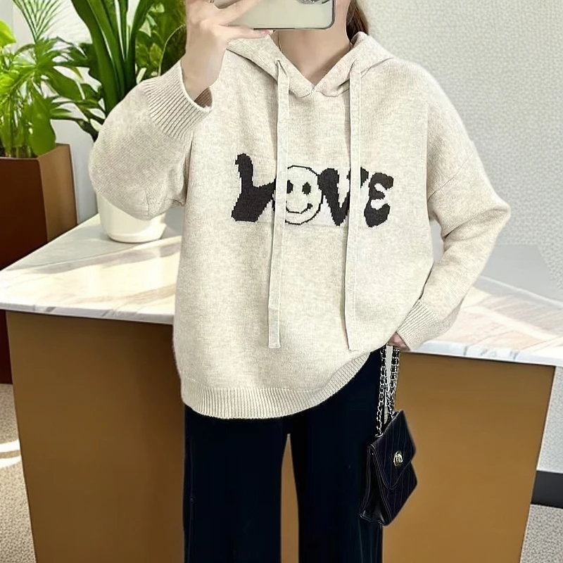 8912复古港风绣花字母连帽抽绳针织衫女外穿高级感宽松百搭毛衣