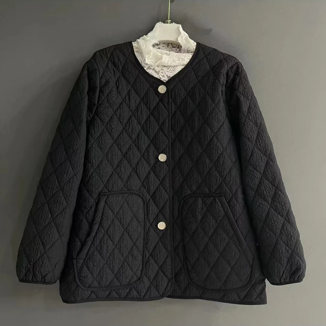 7858保暖棉袄短款休闲百搭复古宽松加厚秋冬菱形文艺