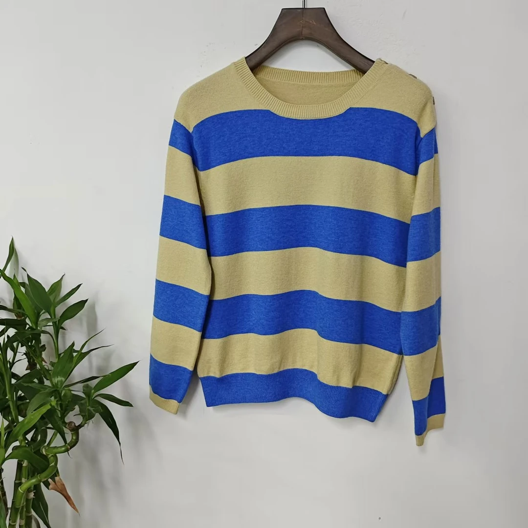 8915新款条纹针织衫女士套头圆领毛衣宽松显瘦百搭打底衫