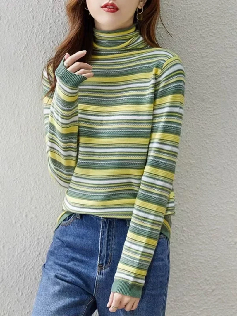 8959复古高领条纹打底衫长袖新款堆堆领宽松拼接条纹针织毛衣女