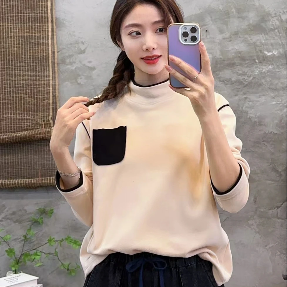 【6636】冬季假两件设计保暖通情百搭半高领双面磨毛德绒打底衫女