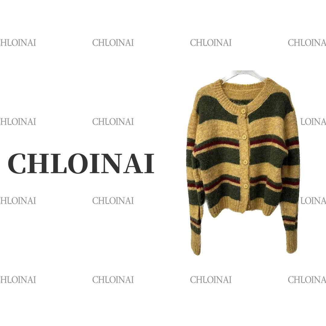 高级感条纹开衫冬季长袖慵懒针织衫上衣加厚短款外套3-505