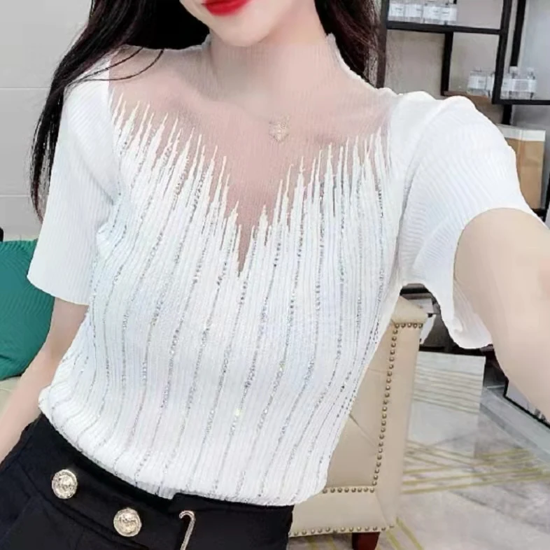 【现货好物】网纱针织衫女春秋重工烫钻打底长袖上衣DZY1002-5