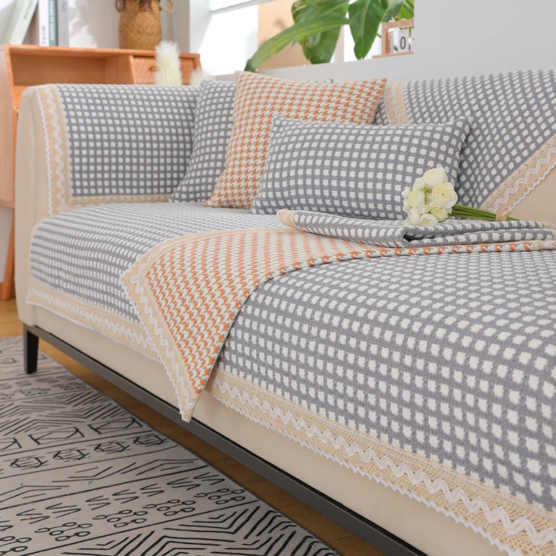 沙发垫四季通用简约现代加厚棉麻布料格子防滑千鸟格沙发垫靠背巾