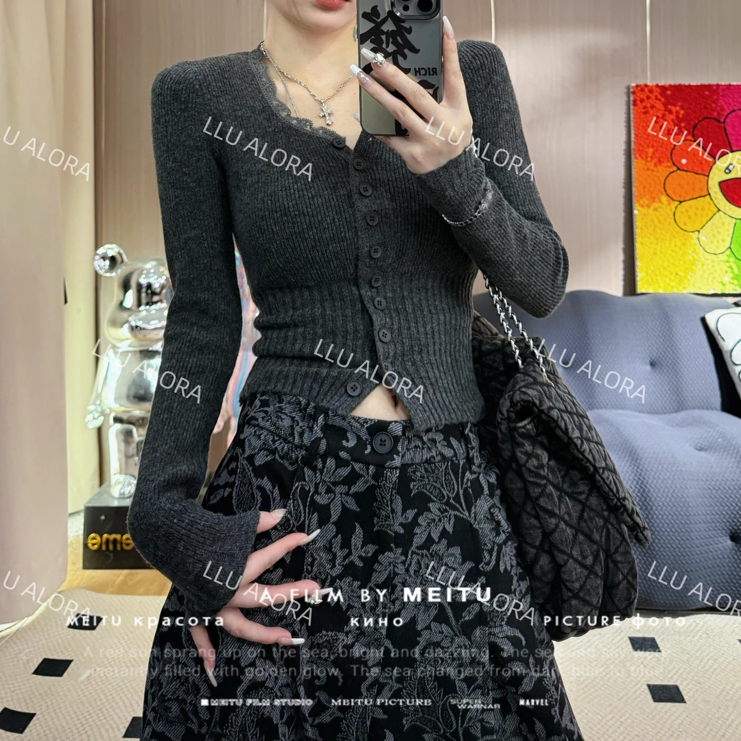 【LLU李】秋冬新款厚蕾丝拼接针织衫修身显瘦打底衫开衫  LLU-01030