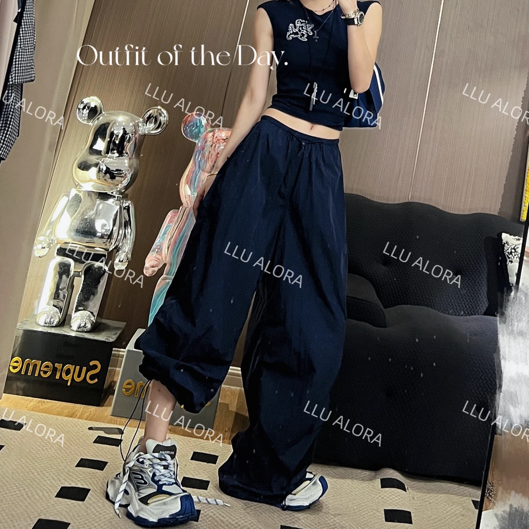 【LLU李】夏季显瘦薄运动休闲裤松紧腰阔腿裤直筒 LLU-0612