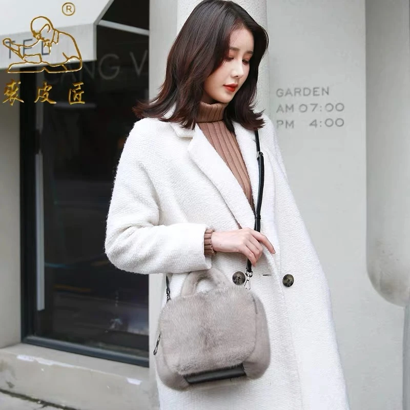 秋冬新款水貂整皮小方包水貂毛毛女包手提单肩斜挎真皮真毛包时尚