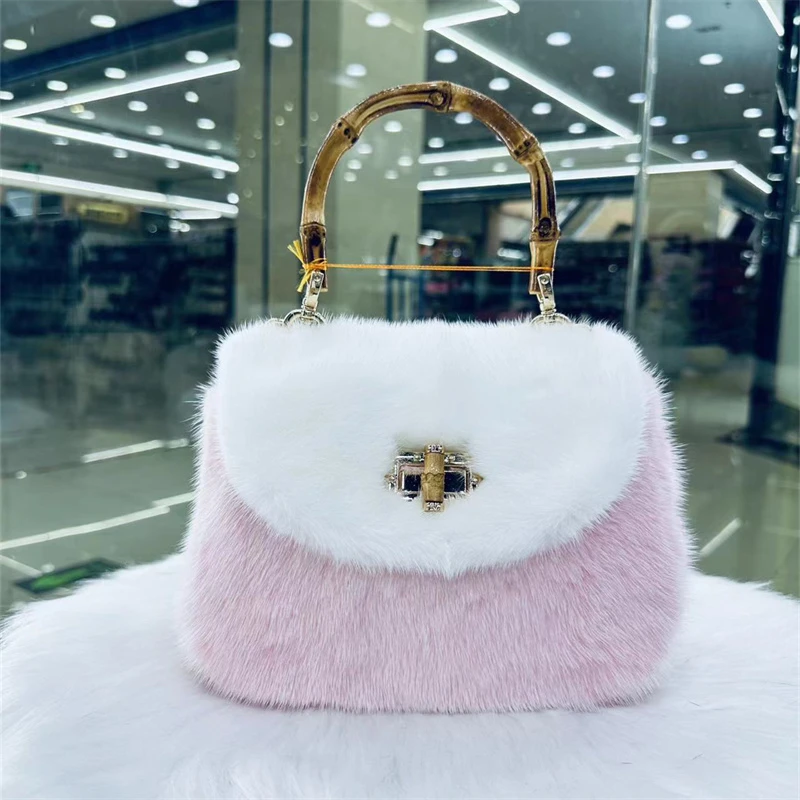 秋冬新款进口水貂竹节粉色手提女包真皮真毛毛毛包洋气手拎小包