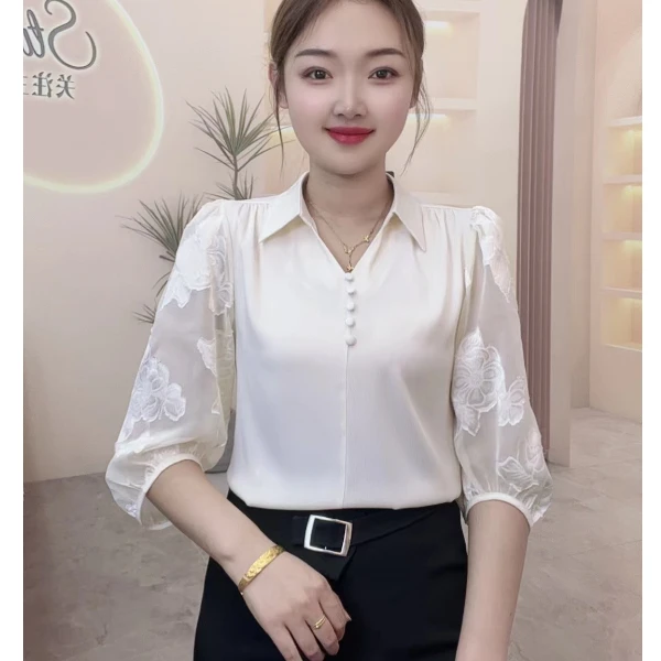 夏季新款气质显瘦衬衫拼接提花纱袖可当防晒时尚洋气百搭女士上衣