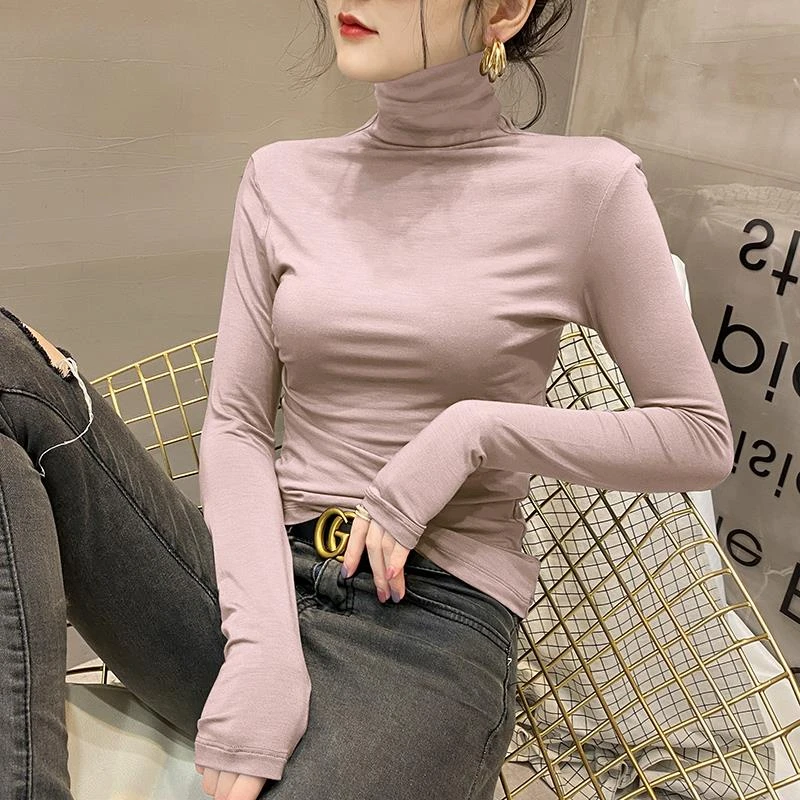 春秋冬莫代尔高领打底衫女紧身气质薄款内搭长袖T恤修身显瘦上衣