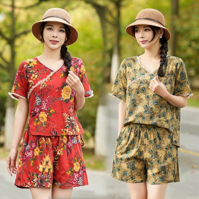 东北大花夏装女士装女时尚外穿夏季两件套短袖短裤休闲妈妈女装