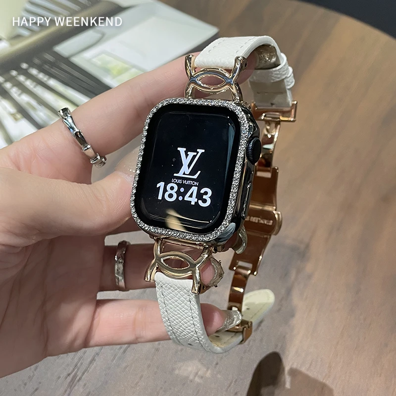 小香黑色高级感蝴蝶扣表带适用iwatch891011代SE苹果手表表带百搭