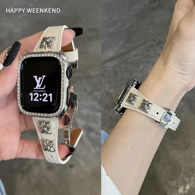 女款铆钉真皮蝴蝶扣表带适用于iwatchS11S10S9S8S765代苹果手表带