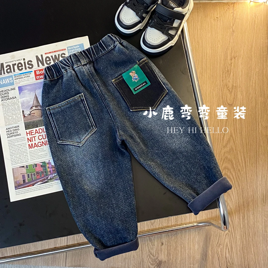A467冬季儿童一体绒lucky小熊牛仔裤
