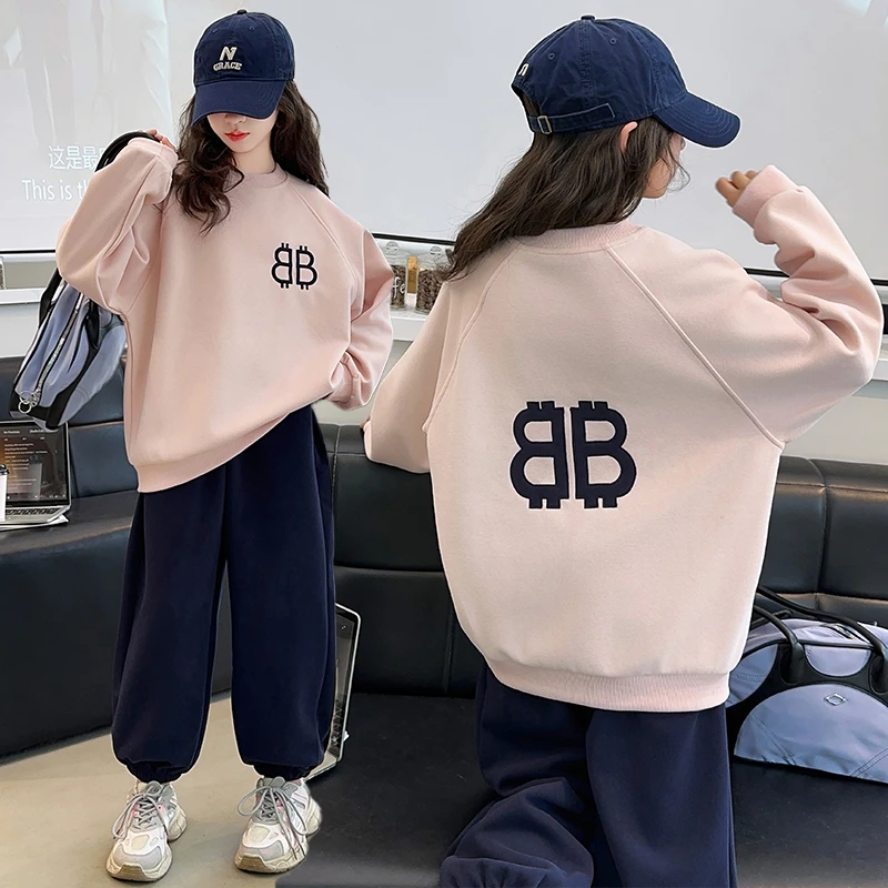 女童秋季新款2024中大童字母卫衣套装6-12岁洋气休闲运动两件套潮