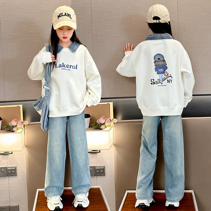 女童卫衣牛仔裤2025新款中大童秋季6-12岁小女孩娃娃领休闲运动套