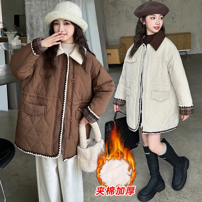 女童秋冬夹棉上衣2024新款6-14岁中大童中长款棉服休闲时尚外套潮