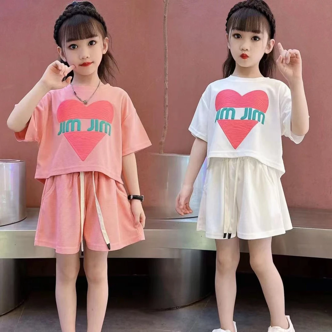夏季女童短袖套装2023新款韩版洋气时髦中大童爱心开叉运动套网红