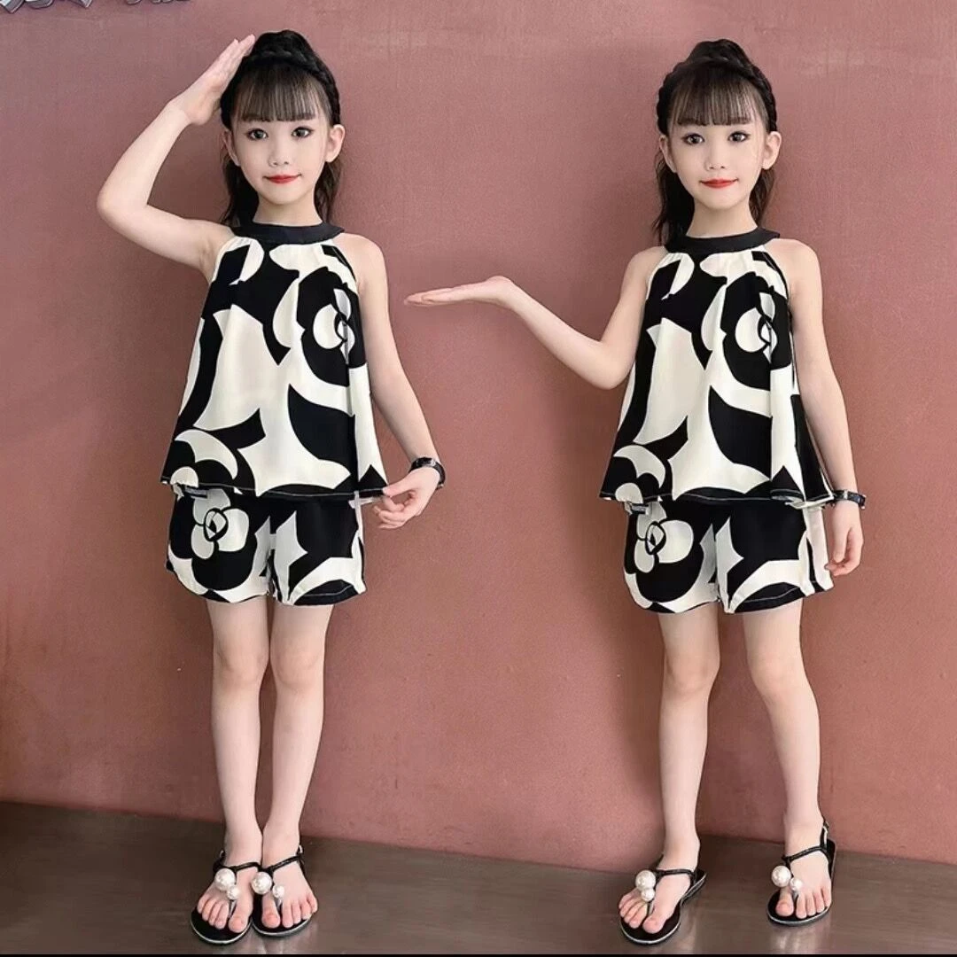 女童挂脖套装无袖2025夏季新款中大童两件套时尚洋气小女孩网红潮