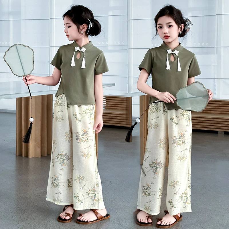 女童国风汉服夏季2024新款短袖套装中大童阔腿裤复古国风新中式潮