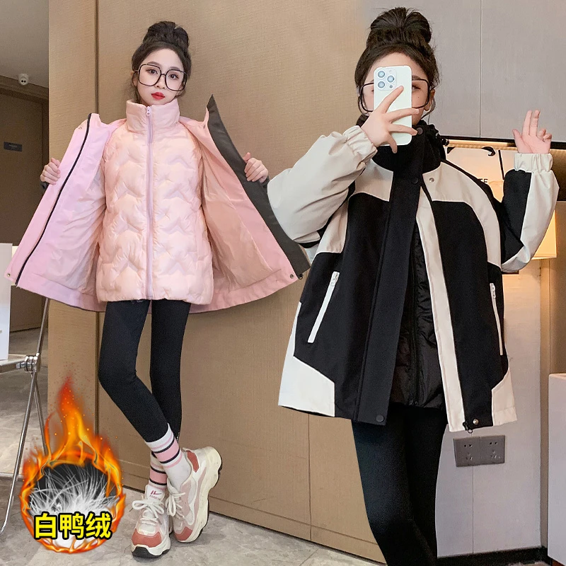 女童2025大码白鸭绒锋衣休闲连帽时尚冬季加厚保暖外套中大童15岁
