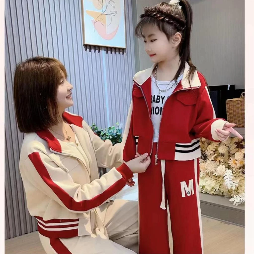 秋季女童新款套装儿童洋气亲子装时尚韩版拉链外套小女孩两件套潮