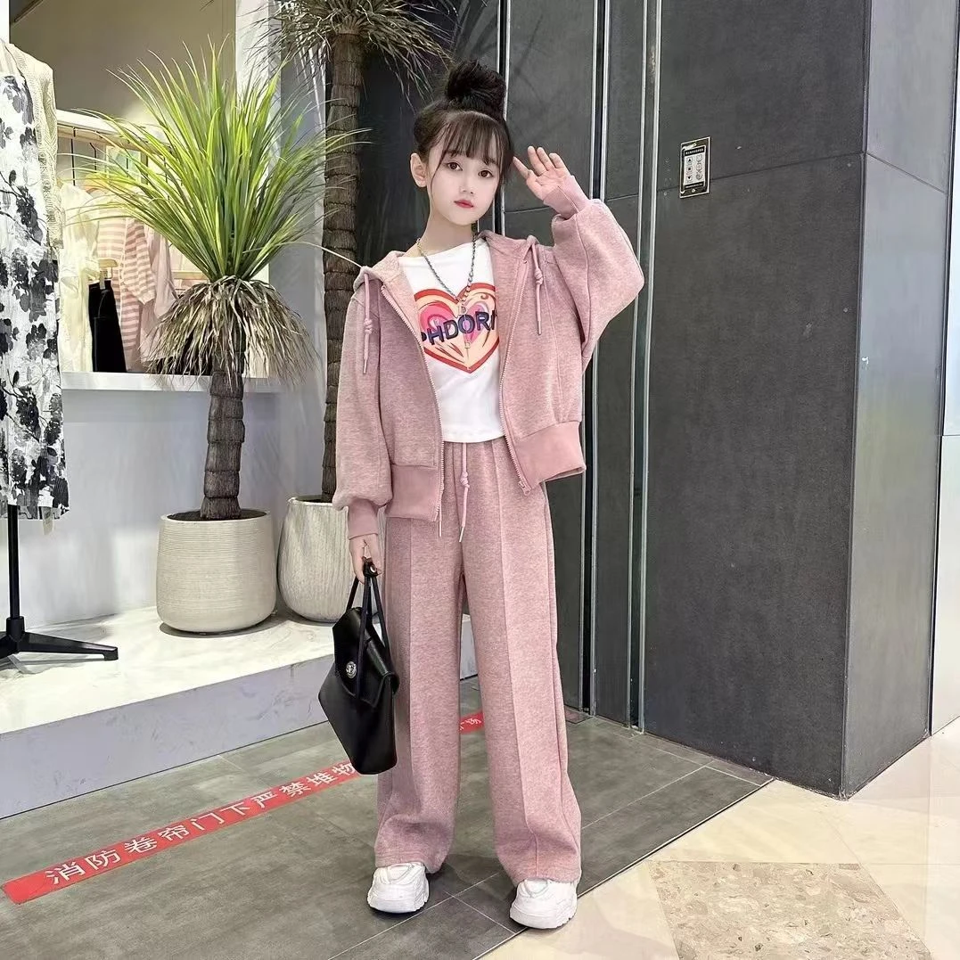 女童套装2023秋装新款中大童休闲纯色连帽卫衣两件套儿童春秋装潮