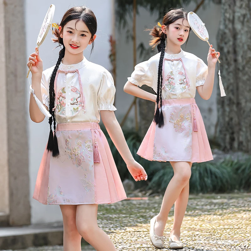 女童新中式套装2025新款中大童6-14岁古风马面裙夏季两件套中国风