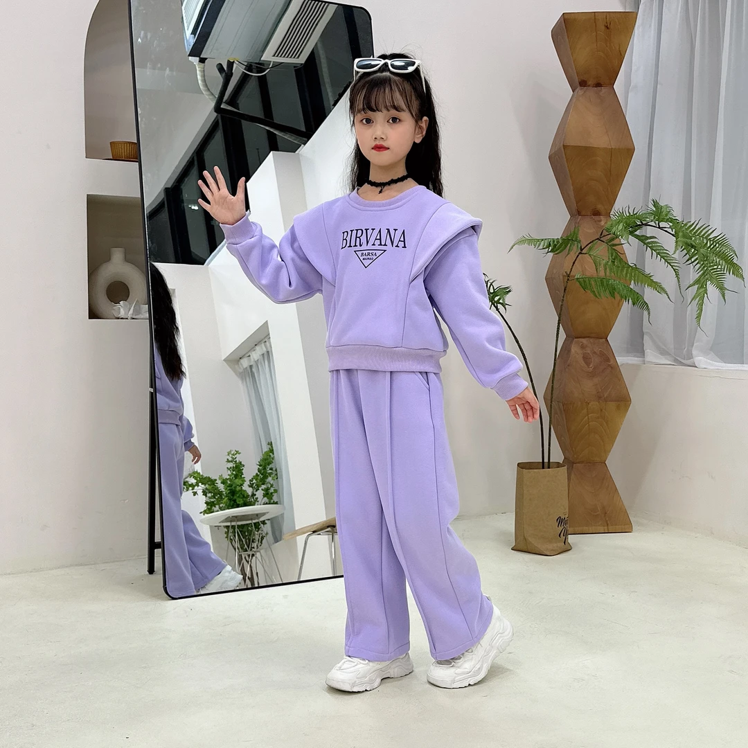 女童加绒加厚2025秋冬女孩运动洋气休闲套装中大童百搭阔腿裤保暖